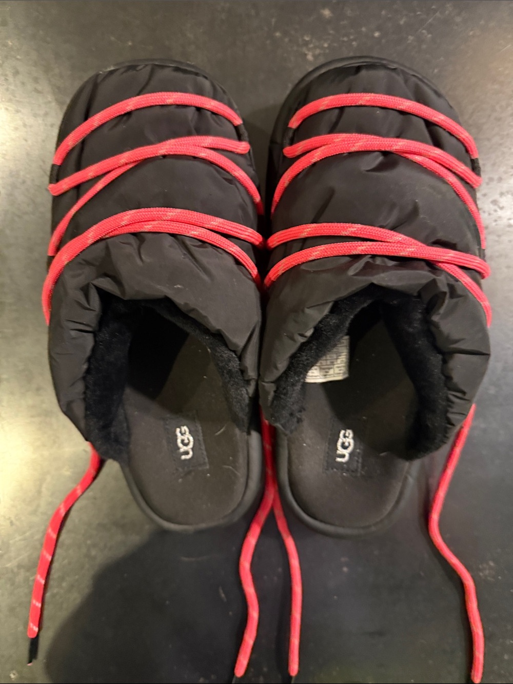 UGG womens Black Slip-On Puff Shoes with Red Trim